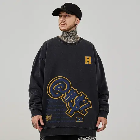 美式复古字母嘻哈大码圆领卫衣男装加绒纯棉重磅水洗做旧高街春秋商品大图