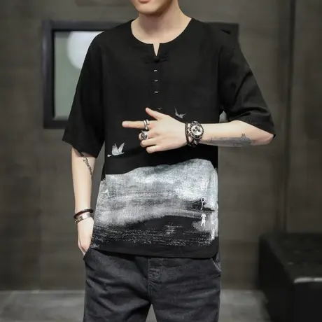 夏季男大码复古T恤圆领印花百搭中国风短袖衬衫宽松透气半袖体恤商品大图