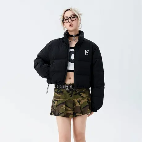 轻薄羽绒服女款2022年新款冬季白鸭绒哥特字印花短款黑色立领外套图片