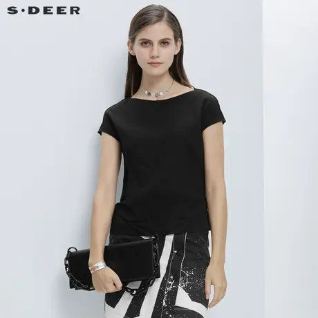 sdeer圣迪奥女装夏装对称压褶落肩通勤黑色清凉雪纺衬衫S20280426图片