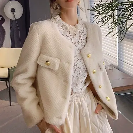 粉红大布娃娃双色菠萝纹甜美圆领短款外套小香风羊毛厚皮草女冬商品大图