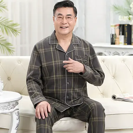 男款春秋季长袖纯棉睡衣中老年爸爸男士加大码开衫全棉家居服套装商品大图