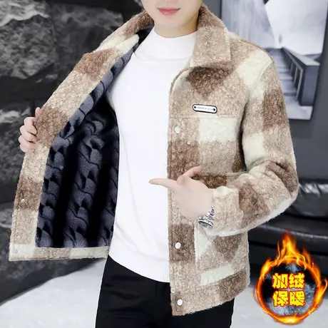 小香风格子外套男冬季毛呢大衣男款潮牌高级感加绒加厚痞帅气夹克图片