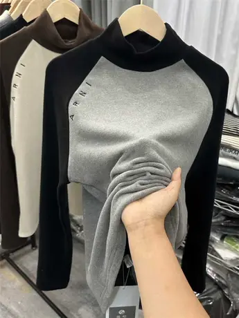 好品双面磨毛澳绒高领T恤女秋冬厚实接拼洋气内搭打底衫刺绣自留商品大图