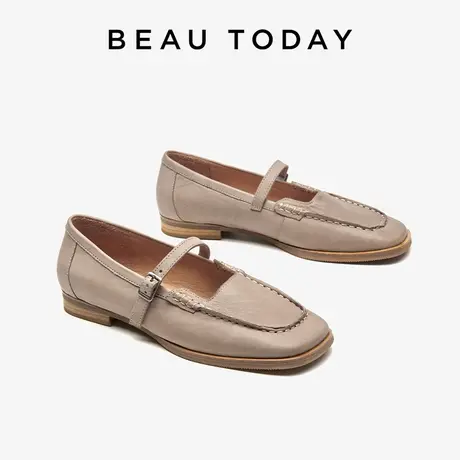 BeauToday方头单鞋女2023新款秋冬BT小皮鞋英伦风浅口单鞋女真皮商品大图