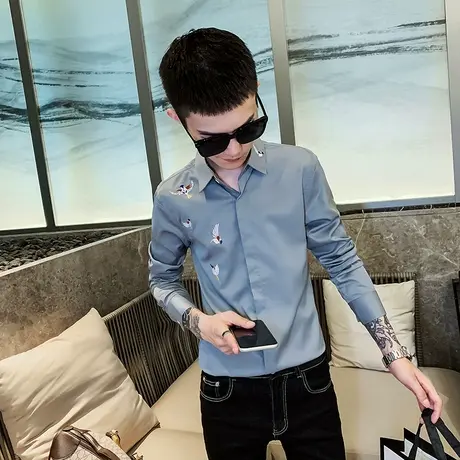 社会小伙修身秋季刺绣长袖衬衫男潮流时尚网红发型师个性百搭衬衣商品大图