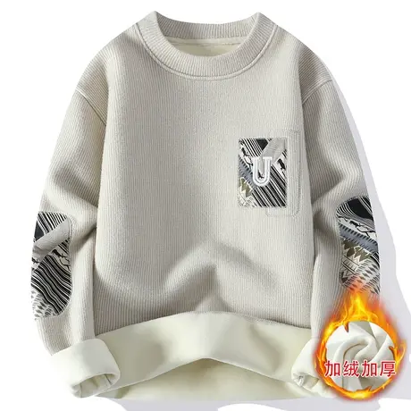一体绒圆领毛衣男冬季青少年加绒加厚线衣初中高中学生潮流针织衫商品大图