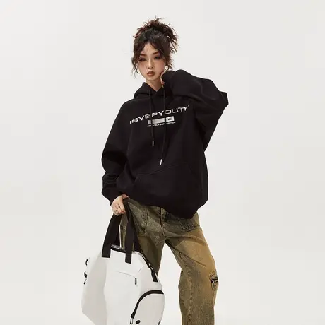 YEP黑色刺绣连帽卫衣女春秋情侣装设计感小众宽松复古外套上衣商品大图