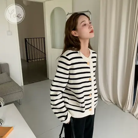 yoe针织开衫女春款设计感小香风黑白条纹韩版ins上衣别致毛衣外套商品大图