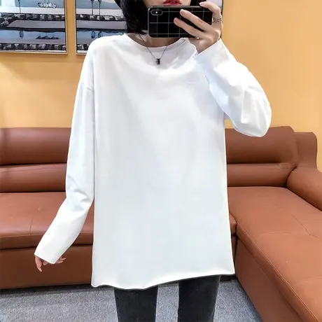 T恤女中长款2023秋装新款韩版宽松显瘦内搭基础圆领打底衫ins体恤商品大图
