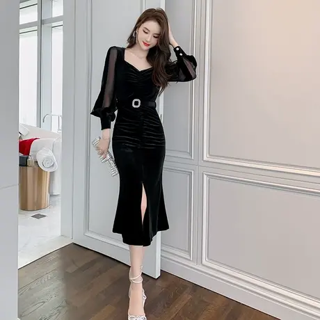 黑色高级感法式轻奢丝绒晚礼服秋季新款灯笼袖修身包臀鱼尾连衣裙商品大图