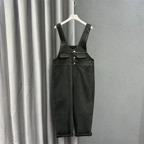 欧货假口袋背带裤女2024春季新款黑色简约设计感休闲百搭牛仔长裤图片