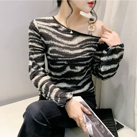2024新款T恤女时尚潮流网纱长袖斑马纹胯肩斜领上衣修身打底衫潮商品大图