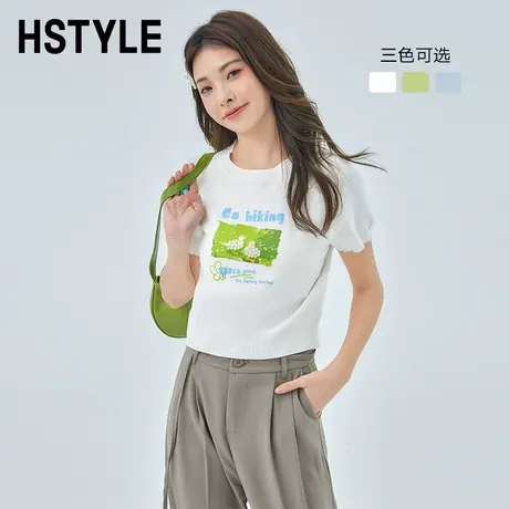 韩都衣舍2023夏季新款女百搭圆领上衣印花钉珠短袖针织衫图片