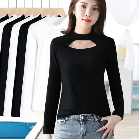 镂空挂脖打底衫上衣女早春新款设计感黑色修身弹力棉显瘦长袖t恤图片