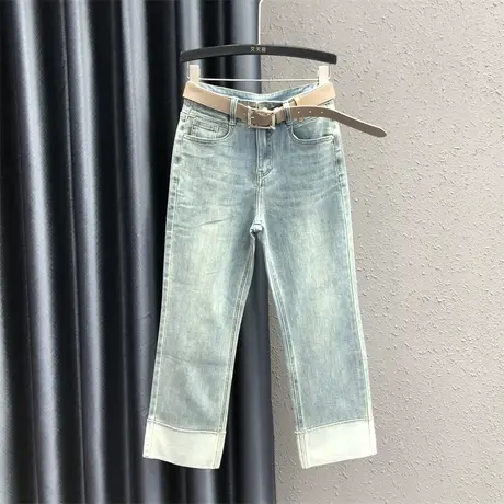 浅色小个子牛仔直筒裤女2024春季新款高腰显瘦拼接裤脚九分烟管裤图片
