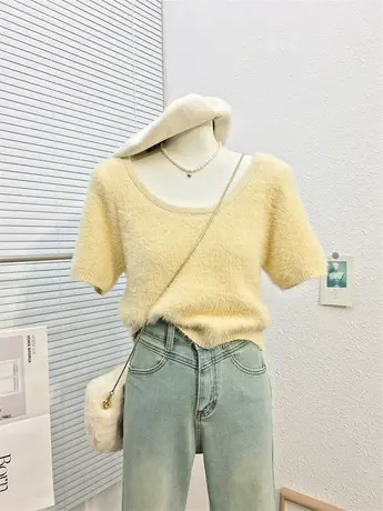 2024春季新款仿水貂毛圆领短袖毛衣韩版时尚显瘦短款辣妹针织衫女图片