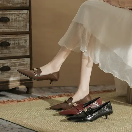 尖头单鞋女2024年新款春季黑色浅口细跟法式名媛中跟高跟鞋不累脚商品大图