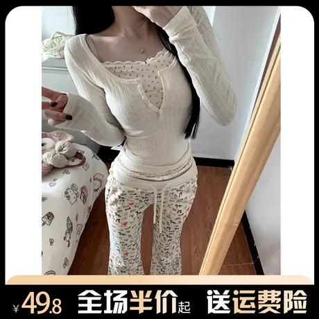 花边碎花内搭打底衫女秋冬小众设计感修身甜美纯欲假两件长袖上衣商品大图