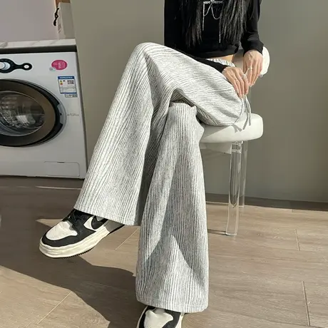 银灰色阔腿休闲裤女春夏新款高腰宽松显瘦褶皱肌理感休闲直筒长裤图片