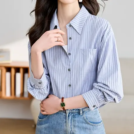 韩潮袭人宽松休闲POLO领长袖衬衫百搭气质条纹衬衣上衣图片