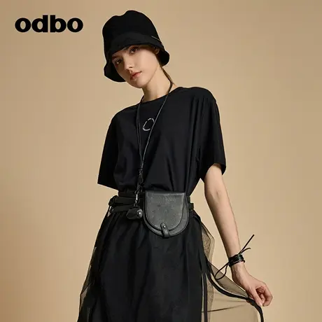 odbo/欧迪比欧原创设计休闲圆领黑色T恤女早秋2023年新款宽松上衣商品大图