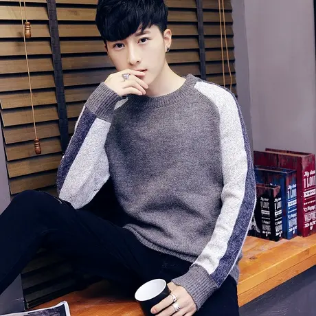 秋冬季加厚学生韩版潮流个性宽松圆领毛衣男士外套针织打底衫男装商品大图