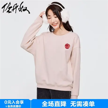 佐丹奴联名卫衣女新款加绒上衣宽松减龄印花圆领抓绒衣女99393420商品大图