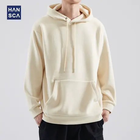 hansca摇粒绒连帽卫衣男秋冬款美式复古2023新款外套重磅套头帽衫商品大图