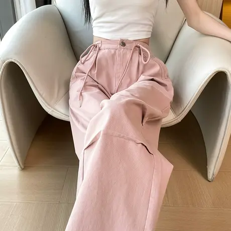 美式复古工装裤女春秋2024新款女款束脚小个子粉色高腰直筒阔腿裤商品大图