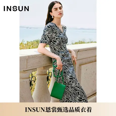 INSUN恩裳夏季斑马纹弹力缎开叉桑蚕丝连衣裙图片