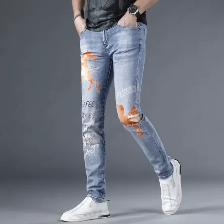 欧美高端印花牛仔裤男夏季新款潮牌修身小脚弹力百搭休闲裤子男商品大图