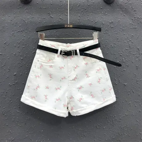 欧货韩版阔腿裤女24春夏新款白色个性印花设计感洋气高腰牛仔短裤图片