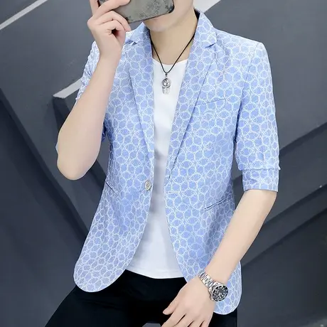 高级感薄款五分中袖西服男士潮牌菱形格子夏季时尚帅气小西装外套商品大图