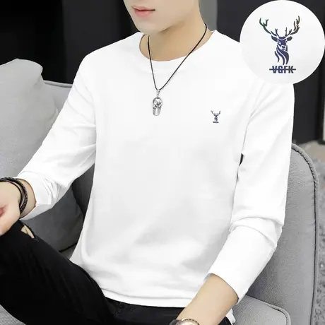 白色t恤男长袖纯棉秋季上衣服潮流宽松全棉内搭打底衫男圆领体恤商品大图