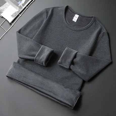 圆领长袖t恤男潮牌潮流加绒加厚保暖秋冬内搭打底衫纯色秋衣小衫商品大图