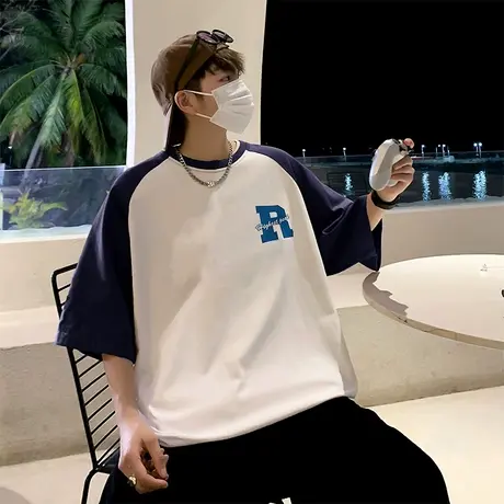 短袖t恤男宽松潮流字母发泡印花休闲半截袖夏季撞色拼接圆领体恤商品大图