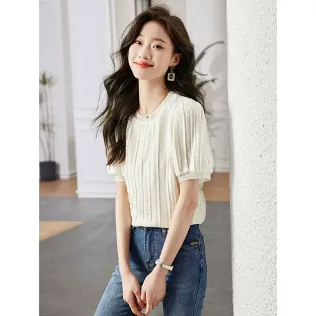 时尚气质短袖衬衫2023年春季新款淑女温柔百搭宽松圆领显瘦上衣商品大图