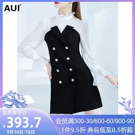 AUI赫本风假两件衬衫连衣裙女2023春秋新款设计感气质小众a字裙子图片