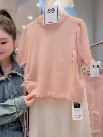 设计感小心机抽绳洋气针织小衫春夏新款别致短袖毛衣百搭T恤上衣图片