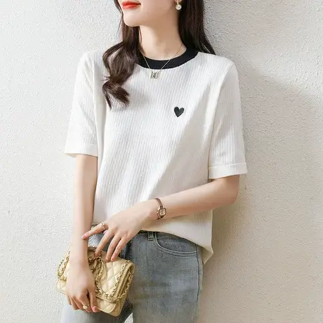 夏装短袖女士t恤拼色半袖圆领刺绣爱心针织上衣撞色夏季新款小衫图片