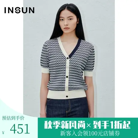 恩裳2023年夏装新款双色格纹芝麻底提花无龄感撞色针织衫商品大图