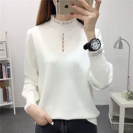 半高领白色针织衫秋季薄款百搭女士蕾丝打底衫宽松洋气内搭毛衣商品大图