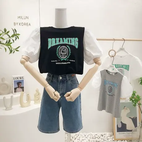 2022春夏季新款韩国东大门复古字母印花泡泡袖上衣短袖T恤设计感商品大图