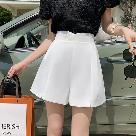 2022春夏设计感花苞阔腿短裤女韩版高腰开叉显瘦西装A字裤外穿图片