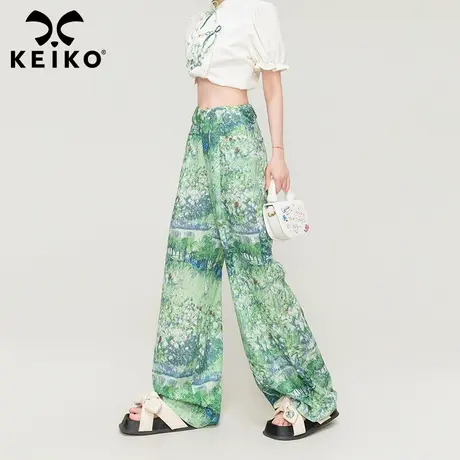 KEIKO 油画风印花阔腿休闲裤2023新款新中式复古高腰垂感直筒长裤图片