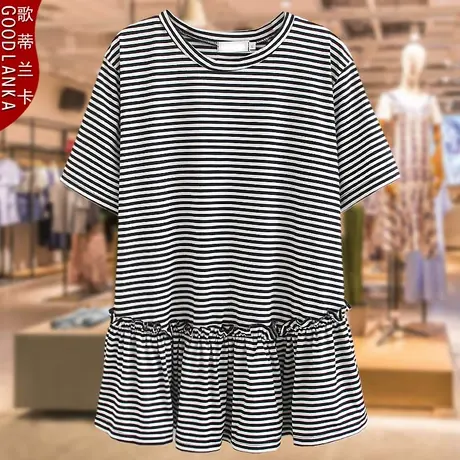 年轻气质胖妈妈短袖娃娃衫洋气时尚夏装新款加肥加大码女条纹上衣商品大图