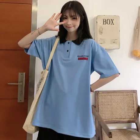 网红ins超火短袖t恤女夏装宽松韩版bf慵懒风百搭学生polo衫上衣潮图片