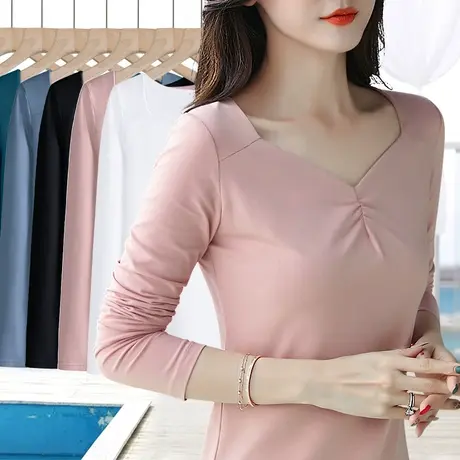 胭脂粉色打底衫女长袖低领大码修身显瘦个性v领女t恤纯棉百搭内搭商品大图