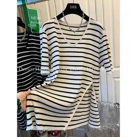 轻奢小众慵懒宽松遮肉开叉圆领短袖针织衫上衣女T恤冰丝2023夏季商品大图